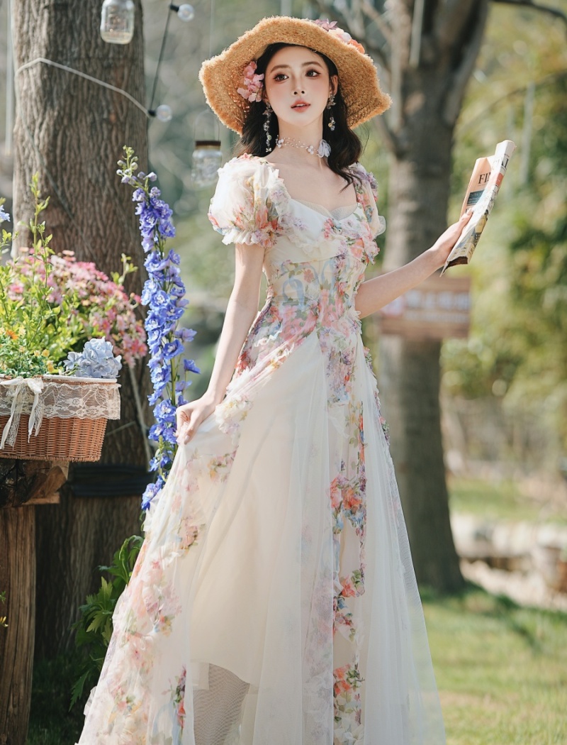 Floral gauze lady short sleeve dress