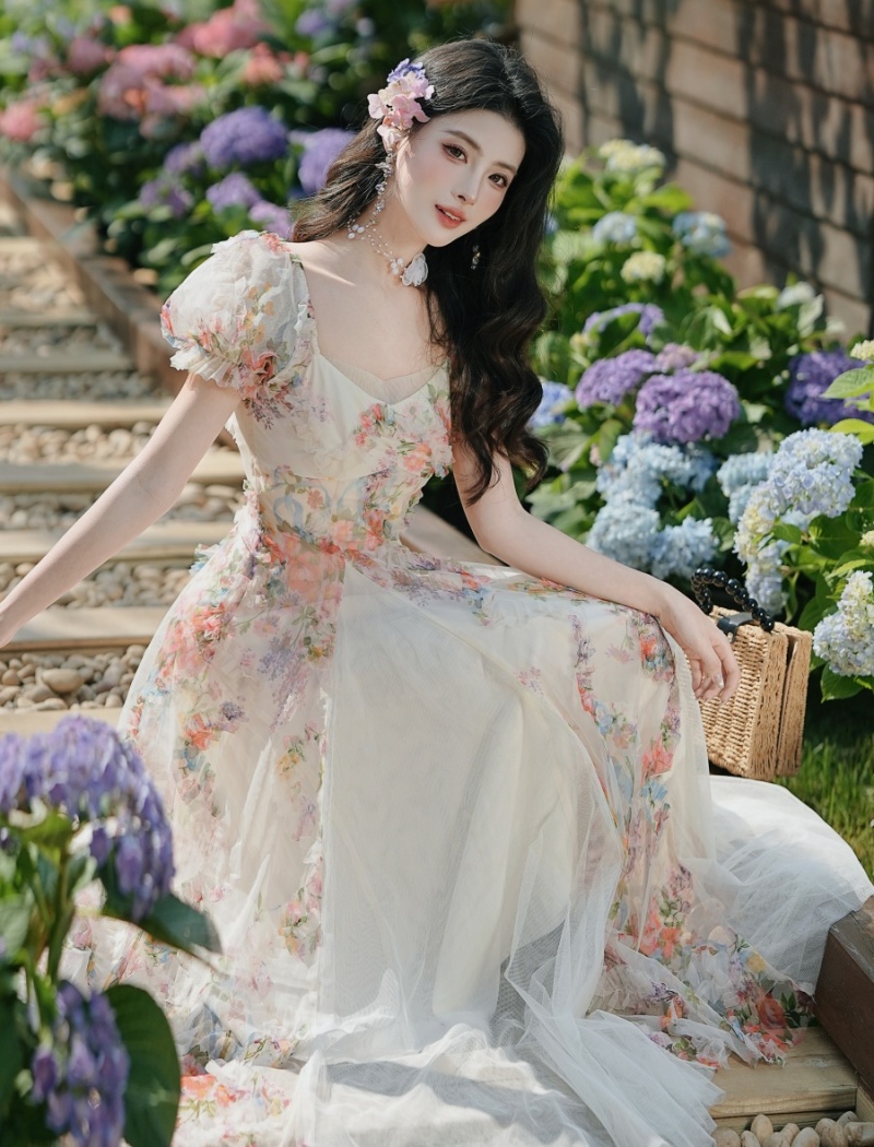 Floral gauze lady short sleeve dress