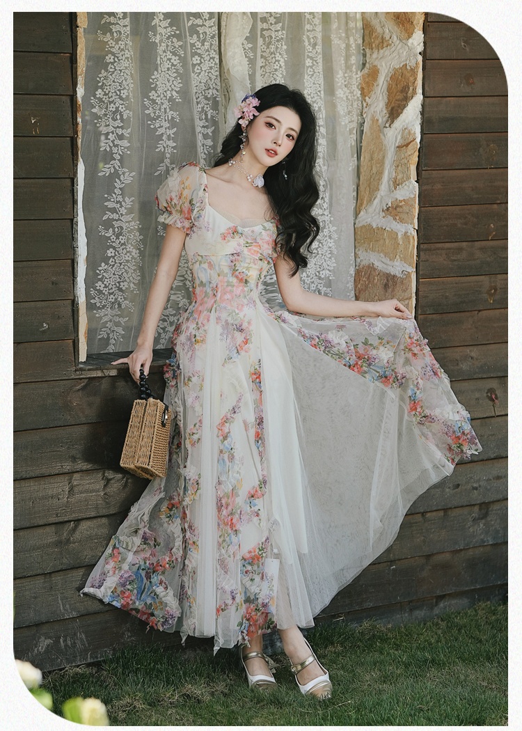 Floral gauze lady short sleeve dress