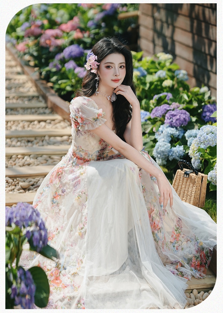 Floral gauze lady short sleeve dress