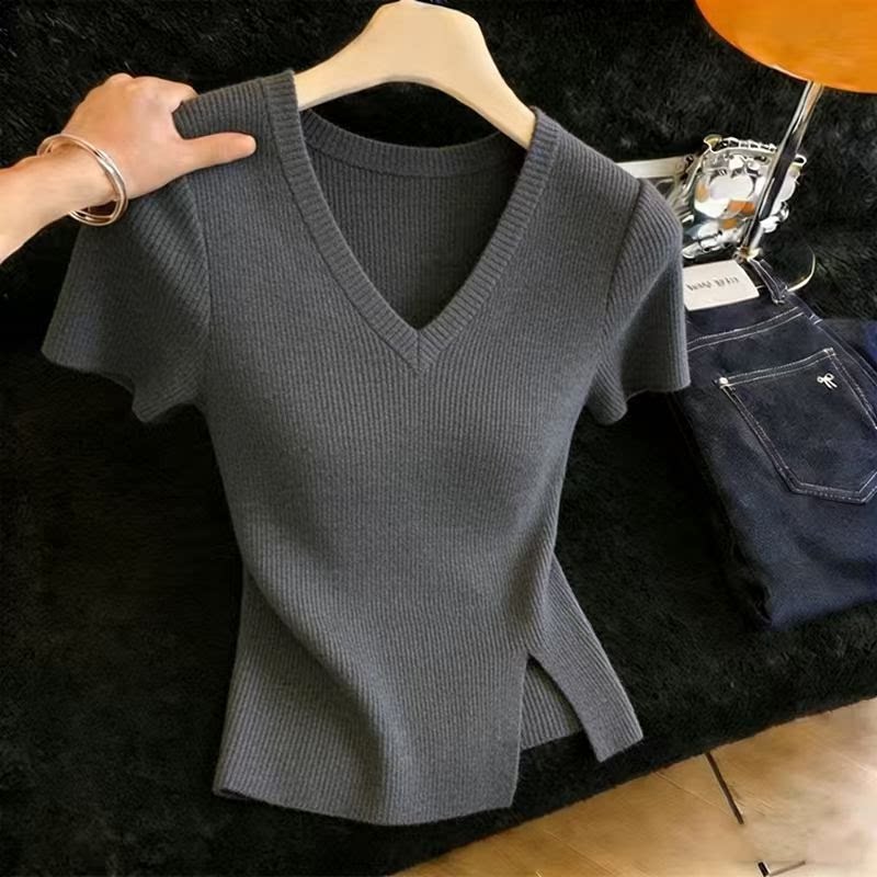 Fat V-neck knitted retro slim tops for women