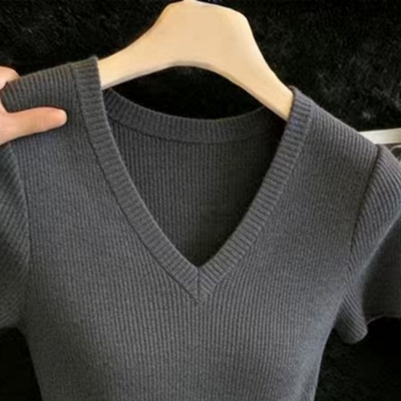 Fat V-neck knitted retro slim tops for women