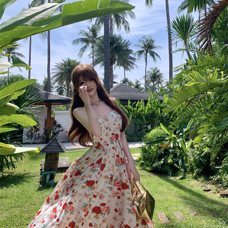 France style floral rose dress party was white long dress