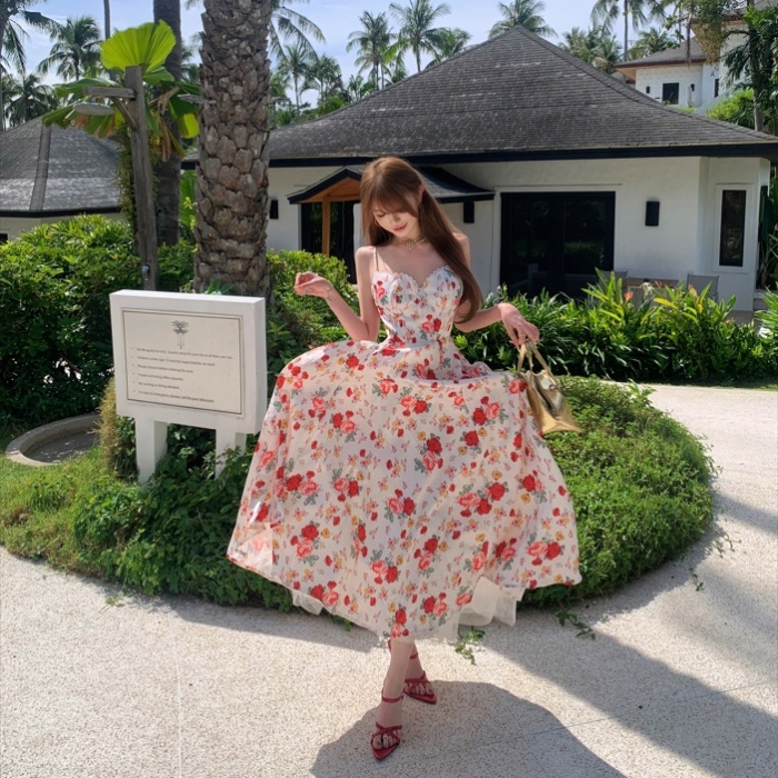 France style floral rose dress party was white long dress