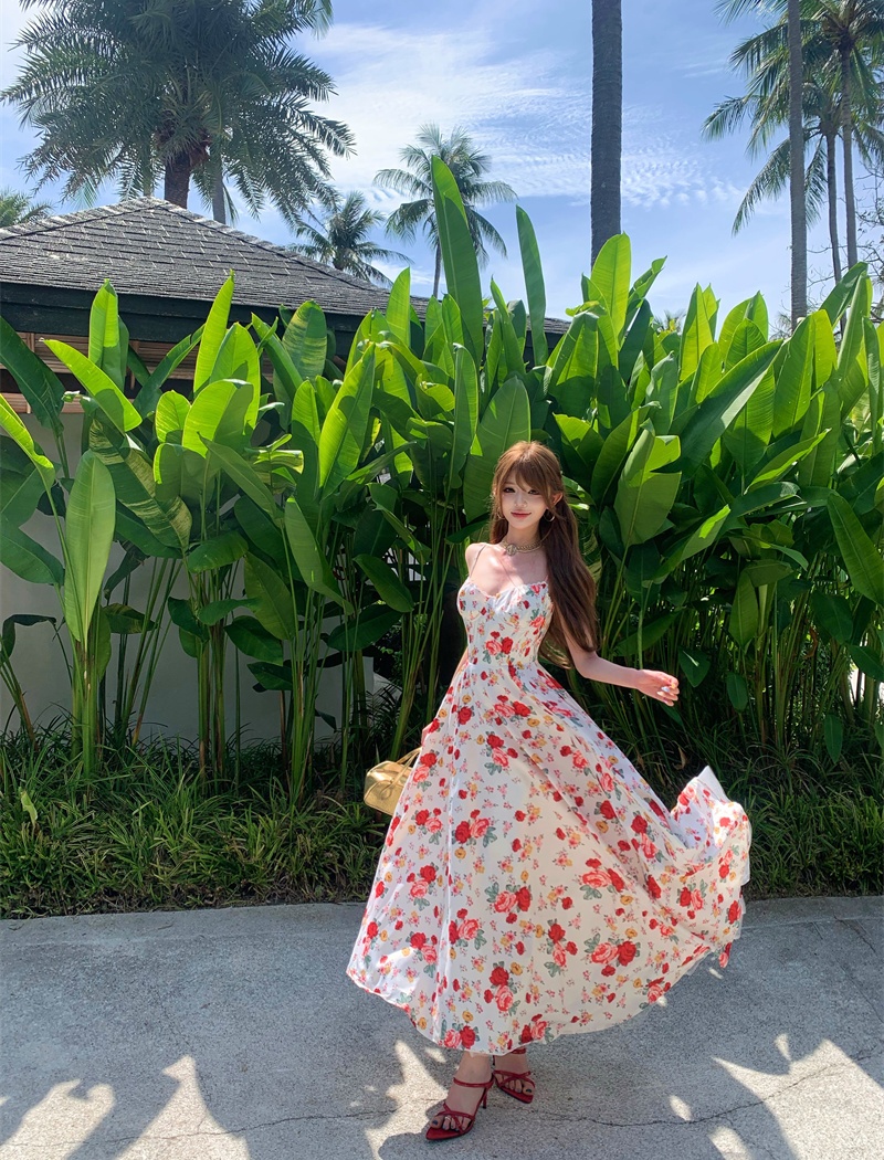 France style floral rose dress party was white long dress