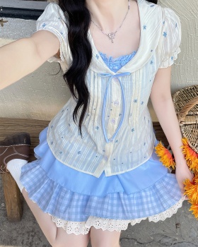 Floral Pseudo-two blue skirt thick and disorderly slim shirt
