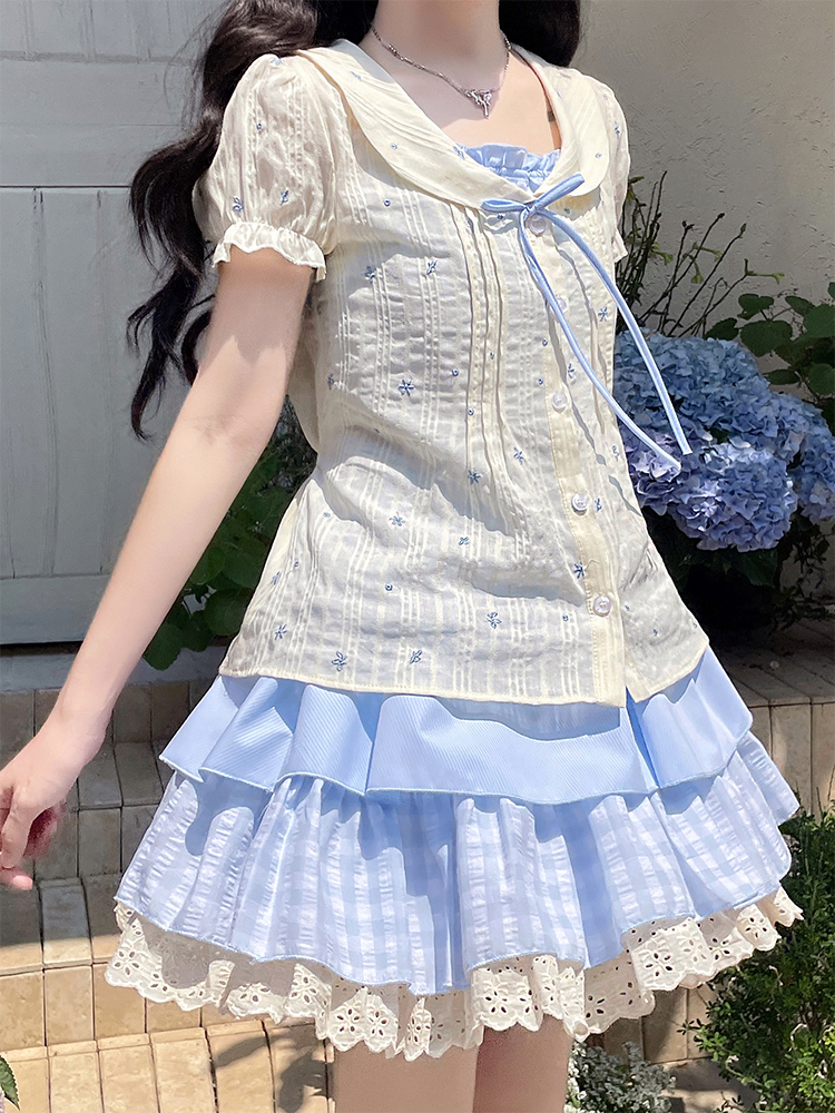 Floral Pseudo-two blue skirt thick and disorderly slim shirt