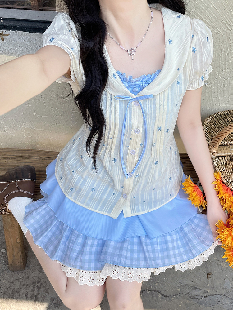 Floral Pseudo-two blue skirt thick and disorderly slim shirt