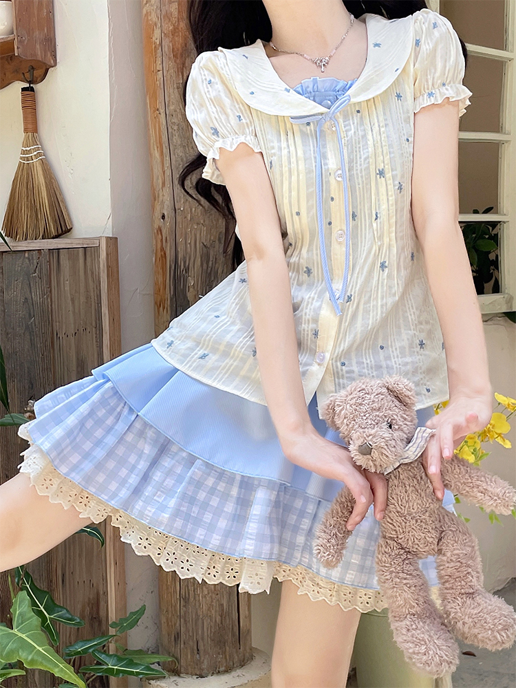 Floral Pseudo-two blue skirt thick and disorderly slim shirt