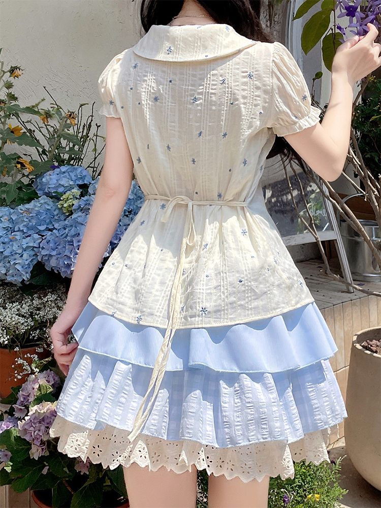 Floral Pseudo-two blue skirt thick and disorderly slim shirt