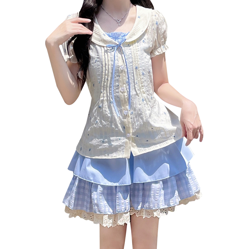 Floral Pseudo-two blue skirt thick and disorderly slim shirt