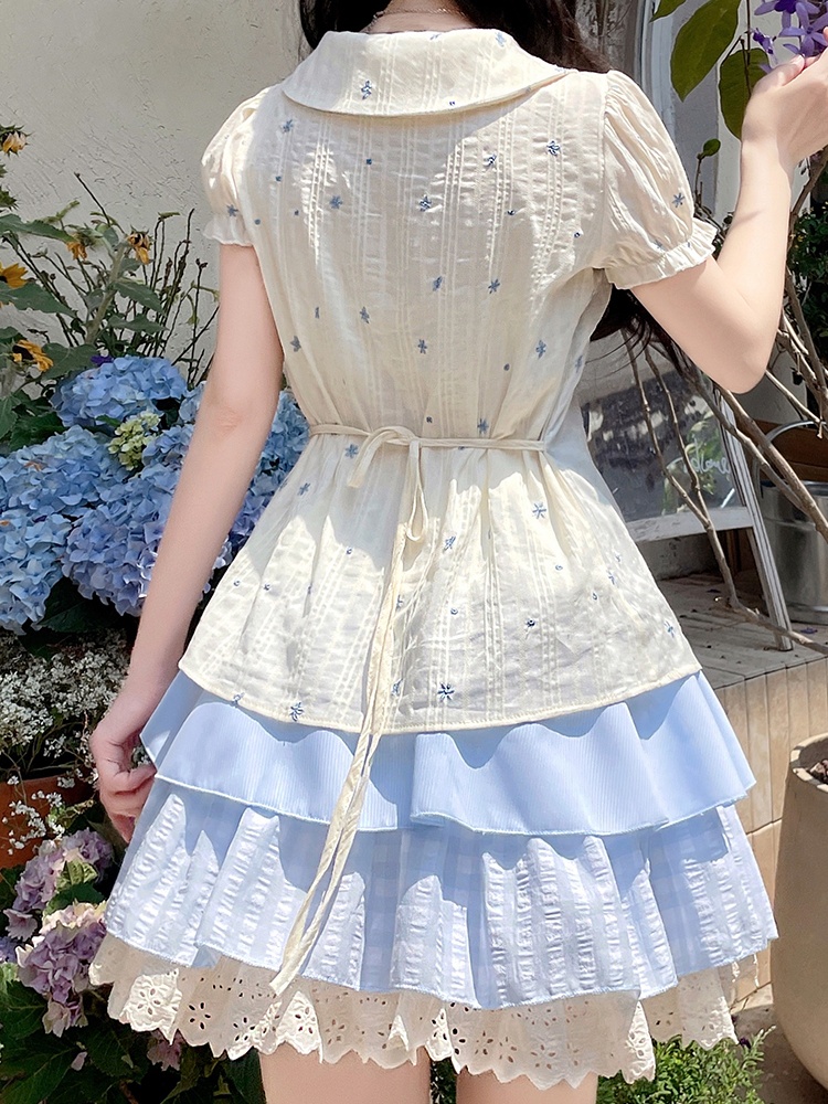 Floral Pseudo-two blue skirt thick and disorderly slim shirt