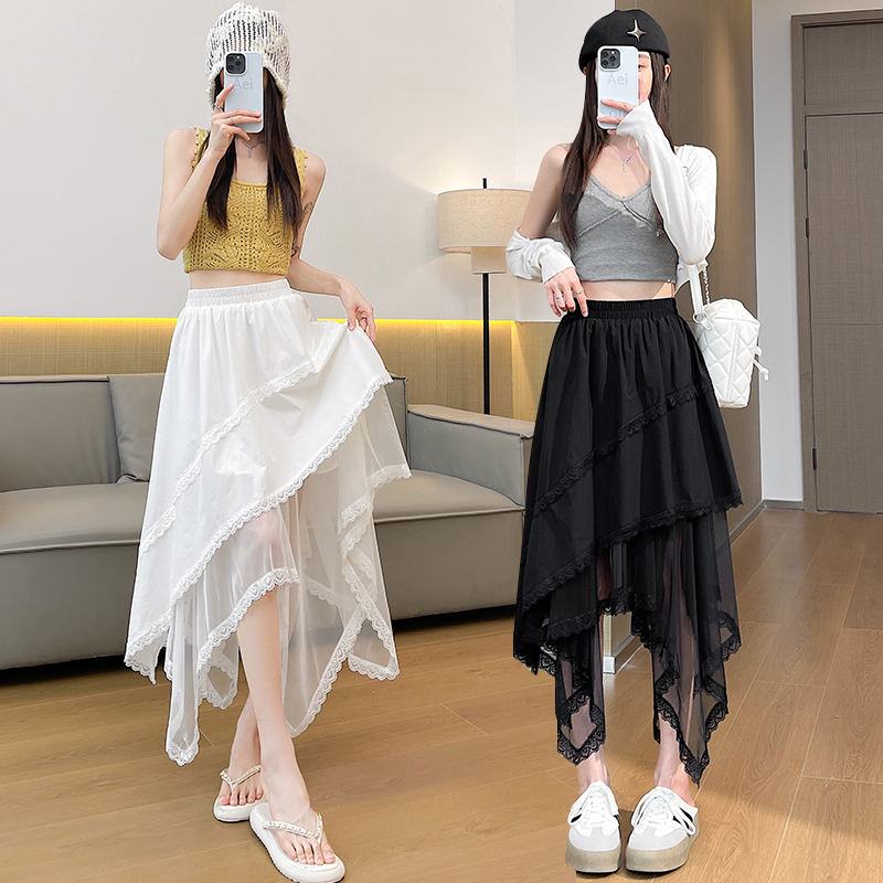 Slim splice A-line irregular lace all-match skirt for women