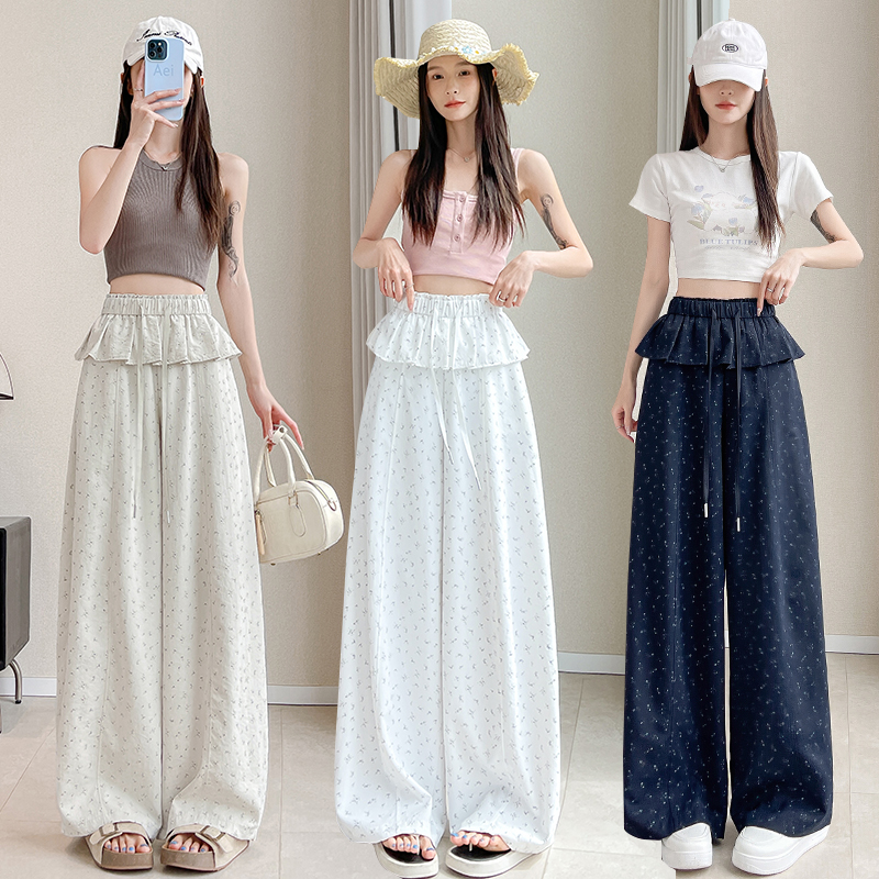 Thin casual pants floral wide leg pants for women