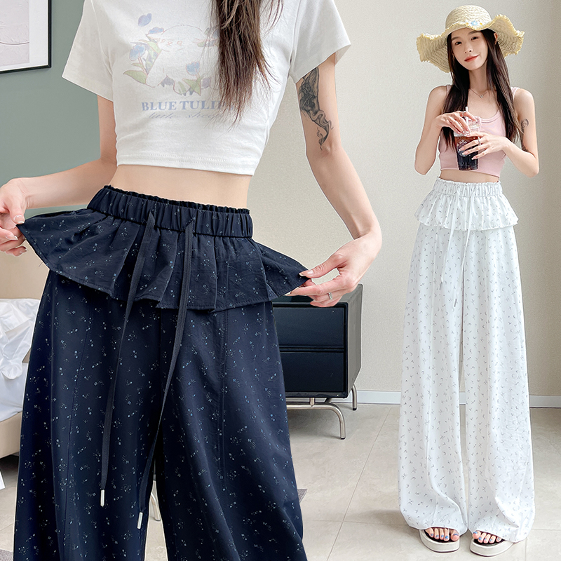 Thin casual pants floral wide leg pants for women