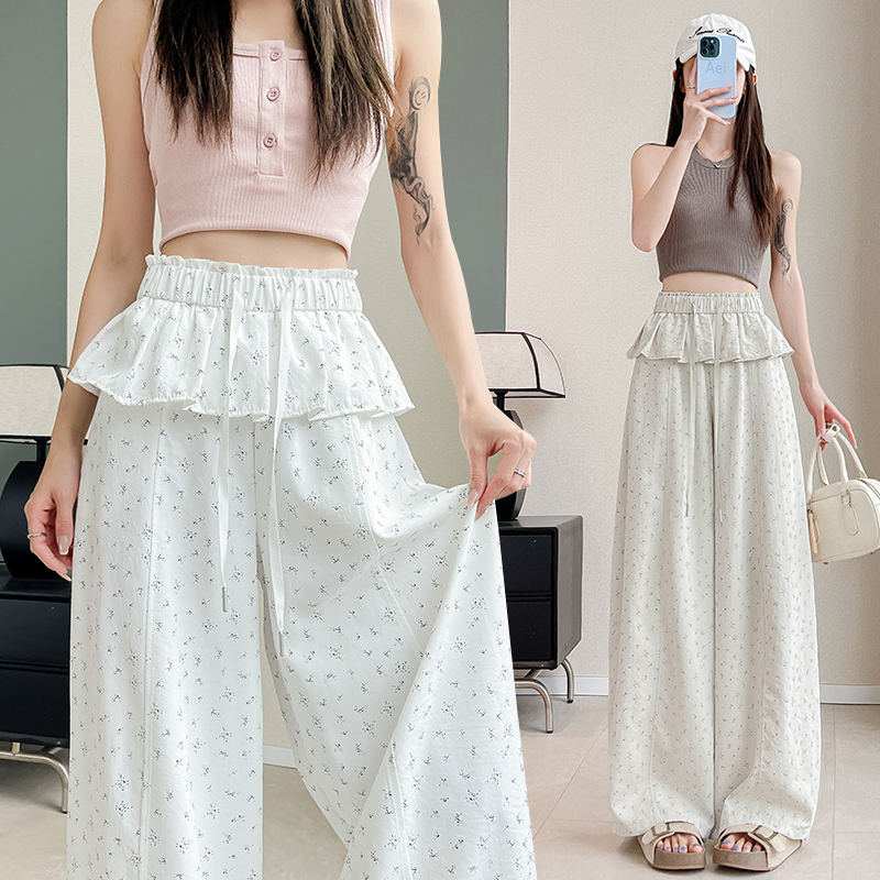 Thin casual pants floral wide leg pants for women