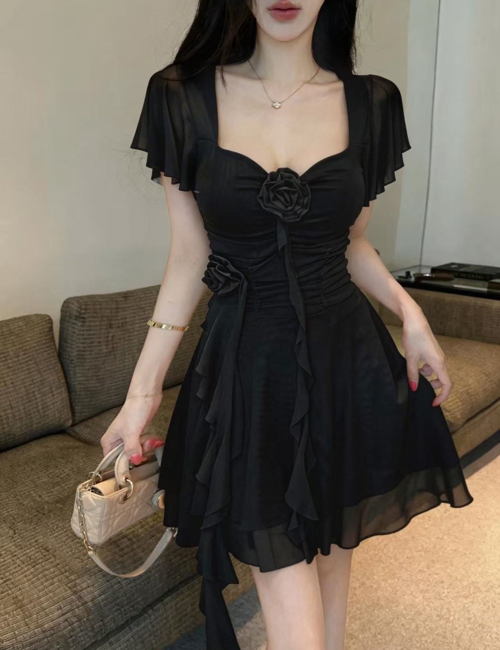 Thick and disorderly splice France style gauze dress for women