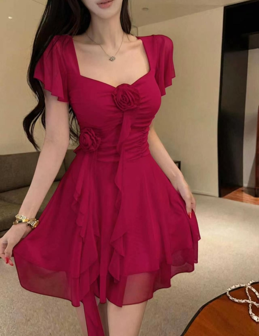 Thick and disorderly splice France style gauze dress for women