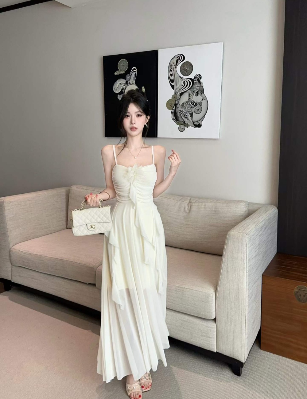 Sling slim tender vacation pinched waist France style dress