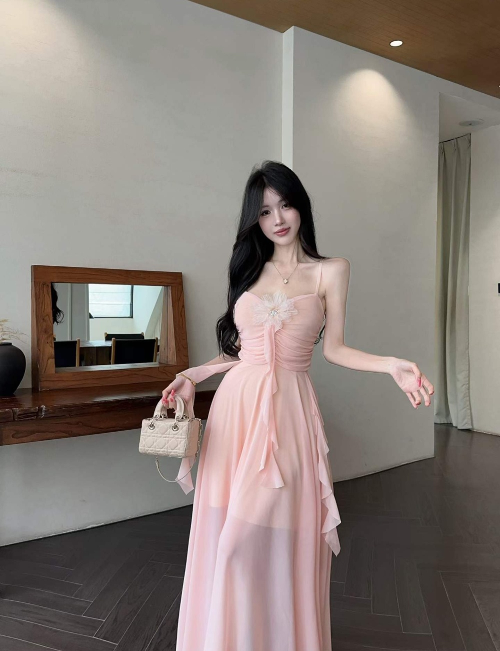 Sling slim tender vacation pinched waist France style dress