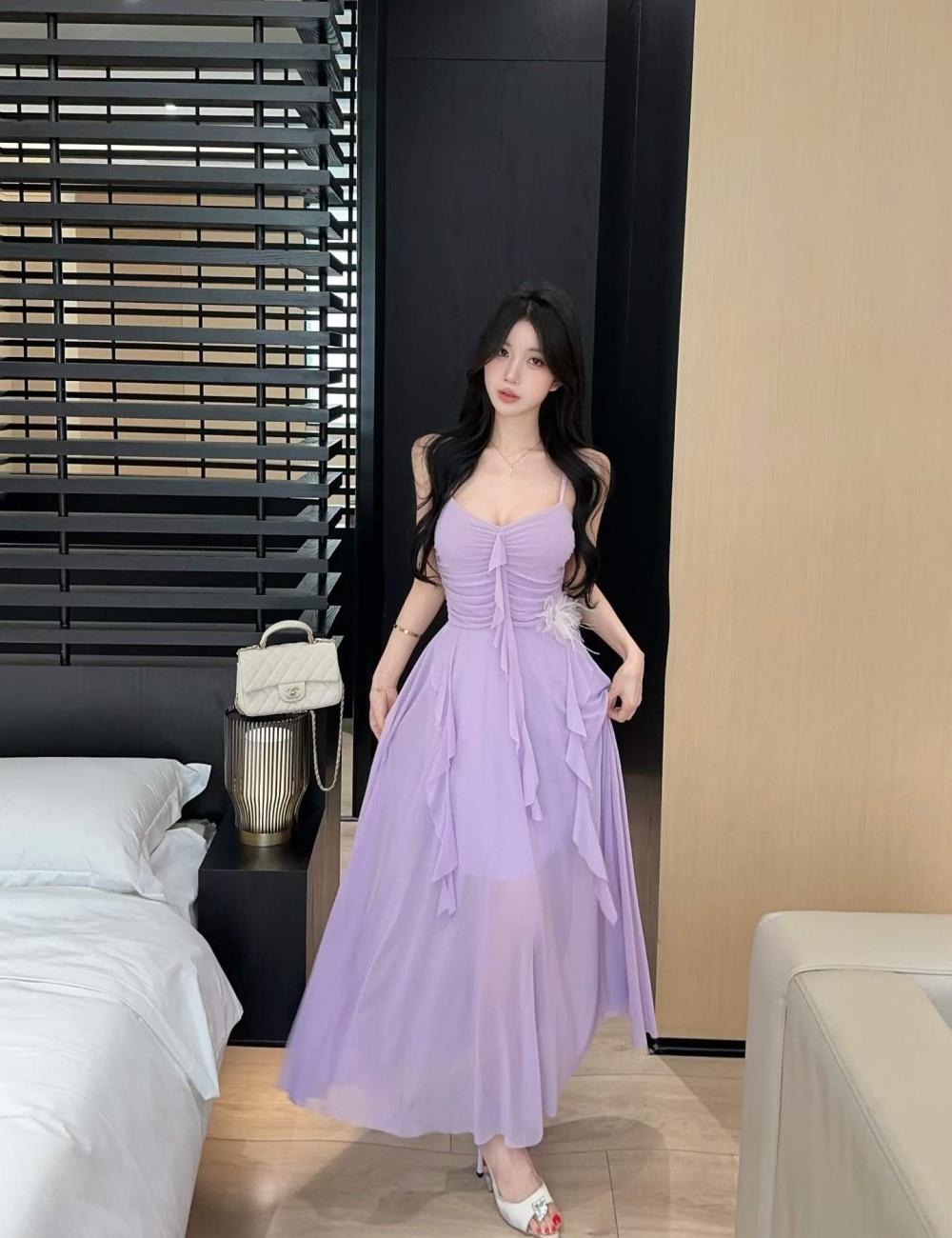 Sling slim tender vacation pinched waist France style dress