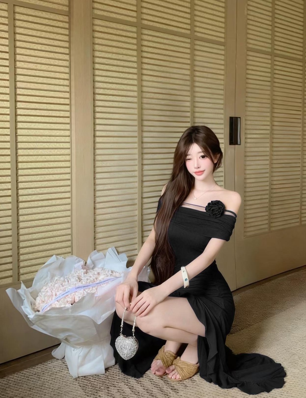 A-line sloping shoulder France style chiffon dress