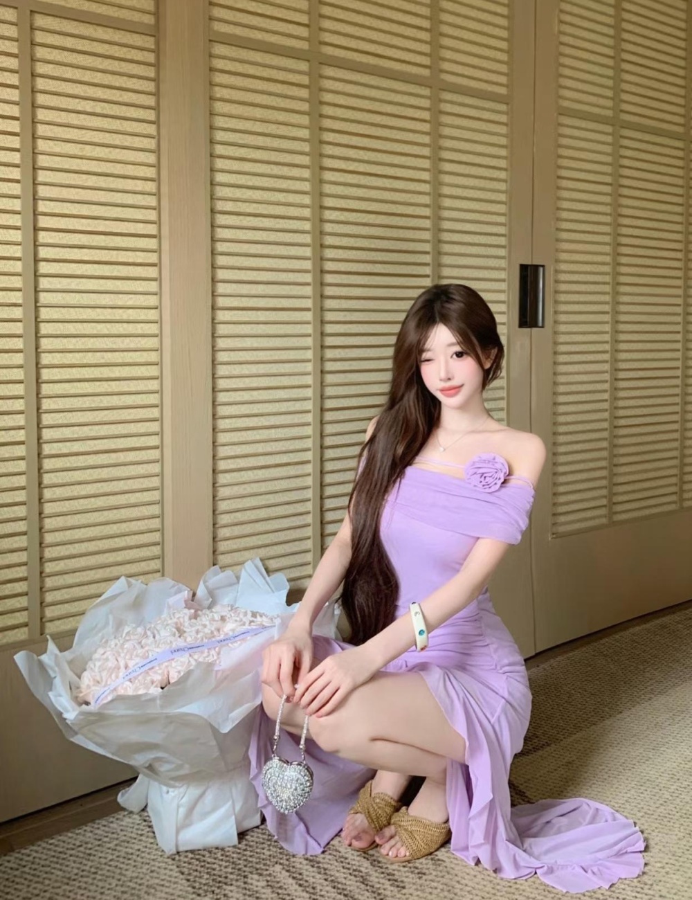 A-line sloping shoulder France style chiffon dress