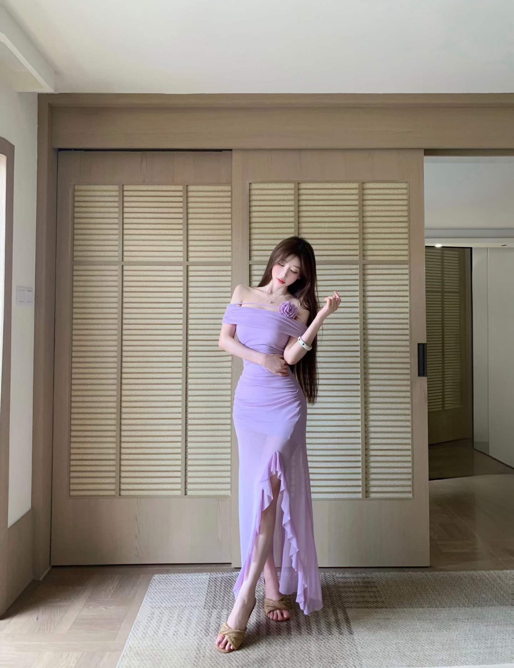 A-line sloping shoulder France style chiffon dress