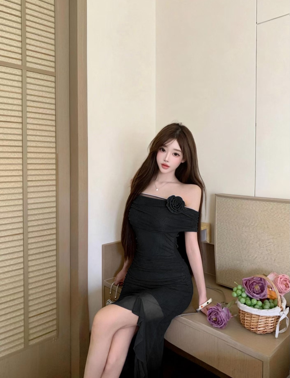 A-line sloping shoulder France style chiffon dress