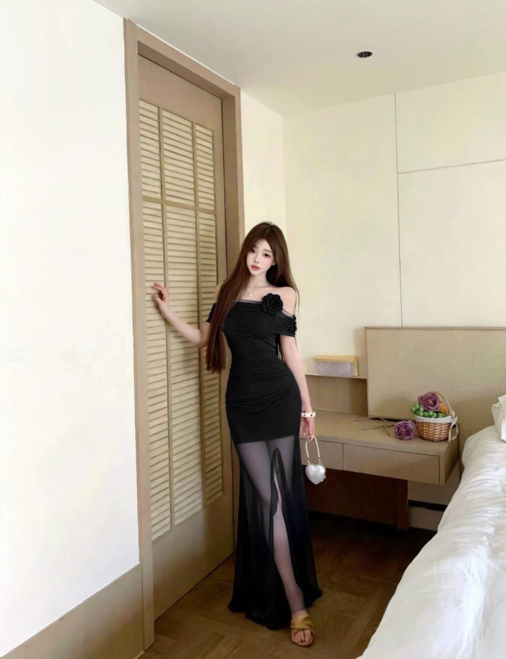 A-line sloping shoulder France style chiffon dress