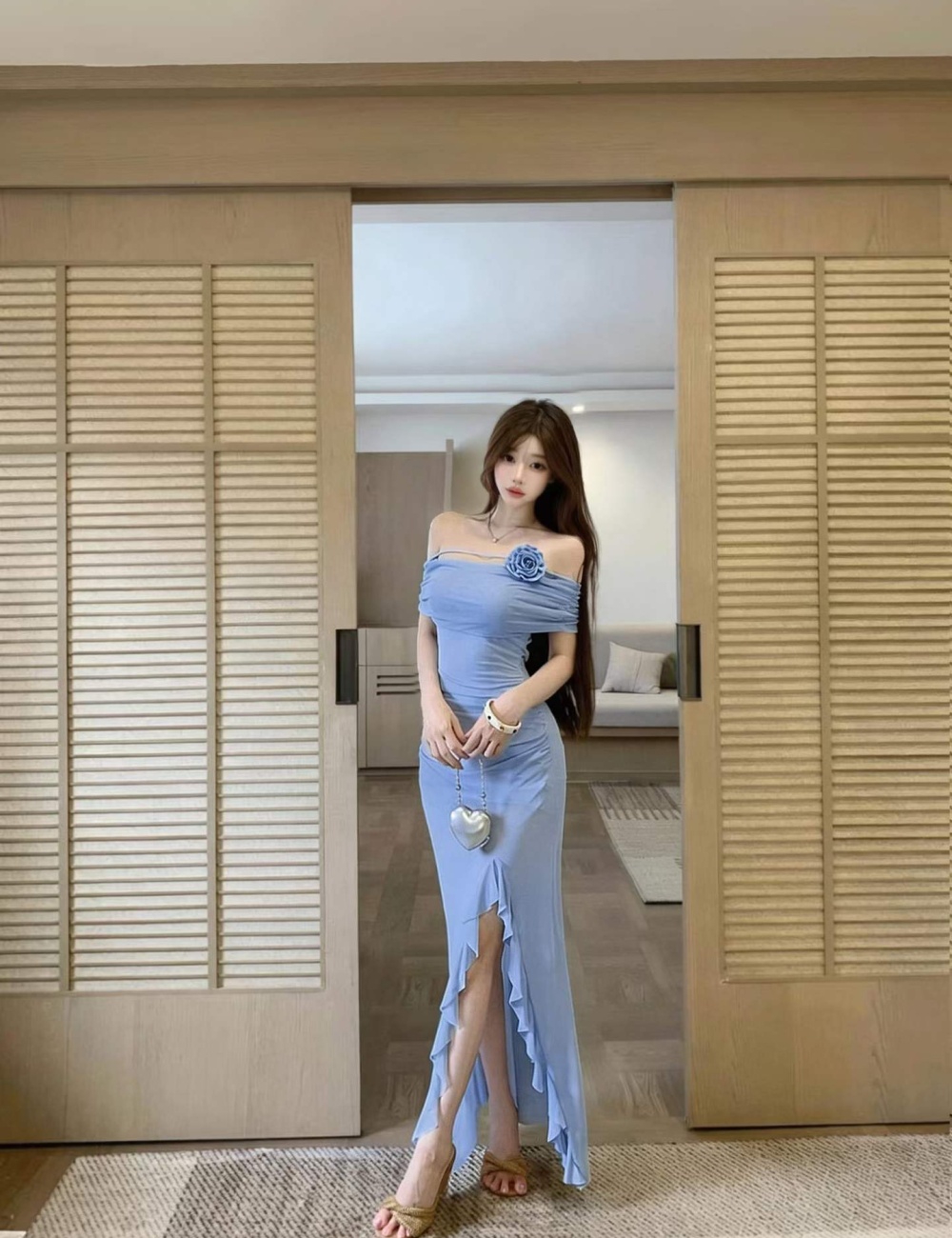 A-line sloping shoulder France style chiffon dress