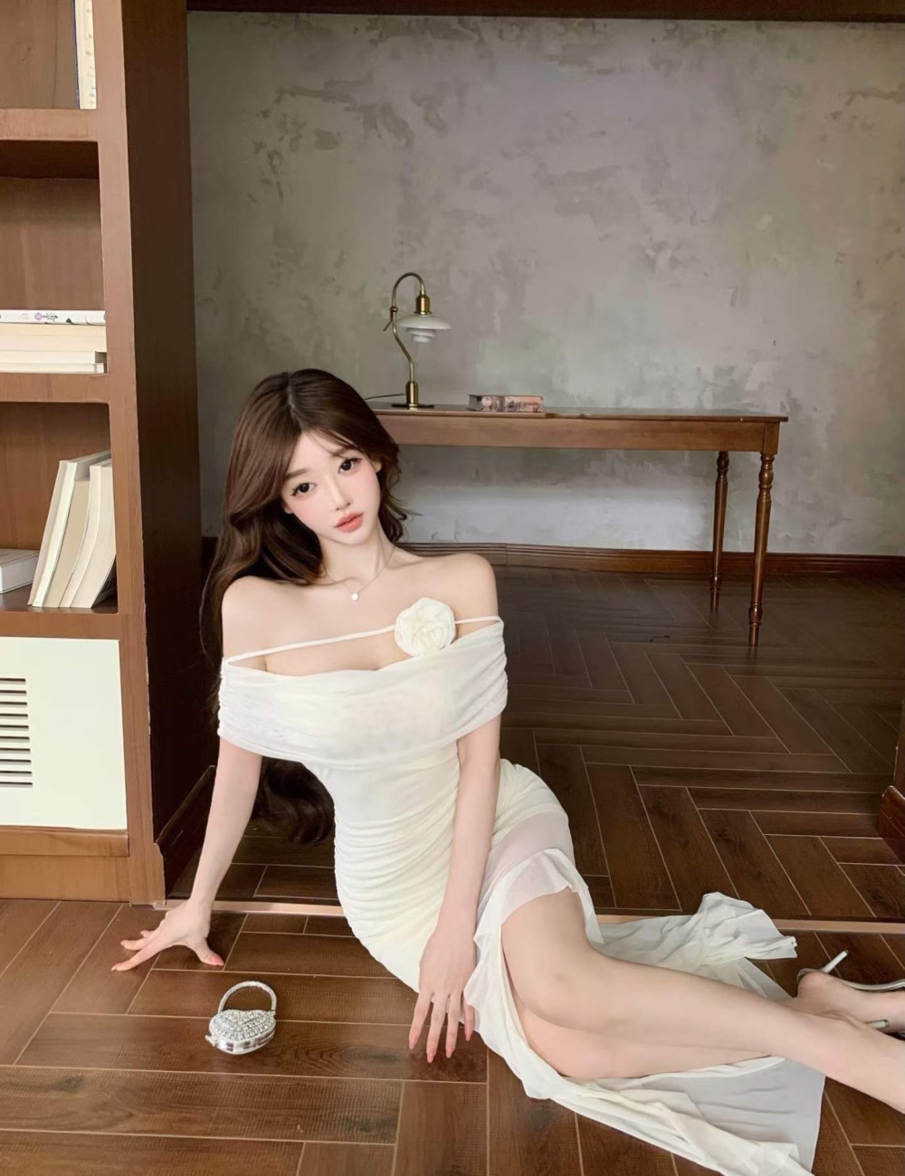 A-line sloping shoulder France style chiffon dress