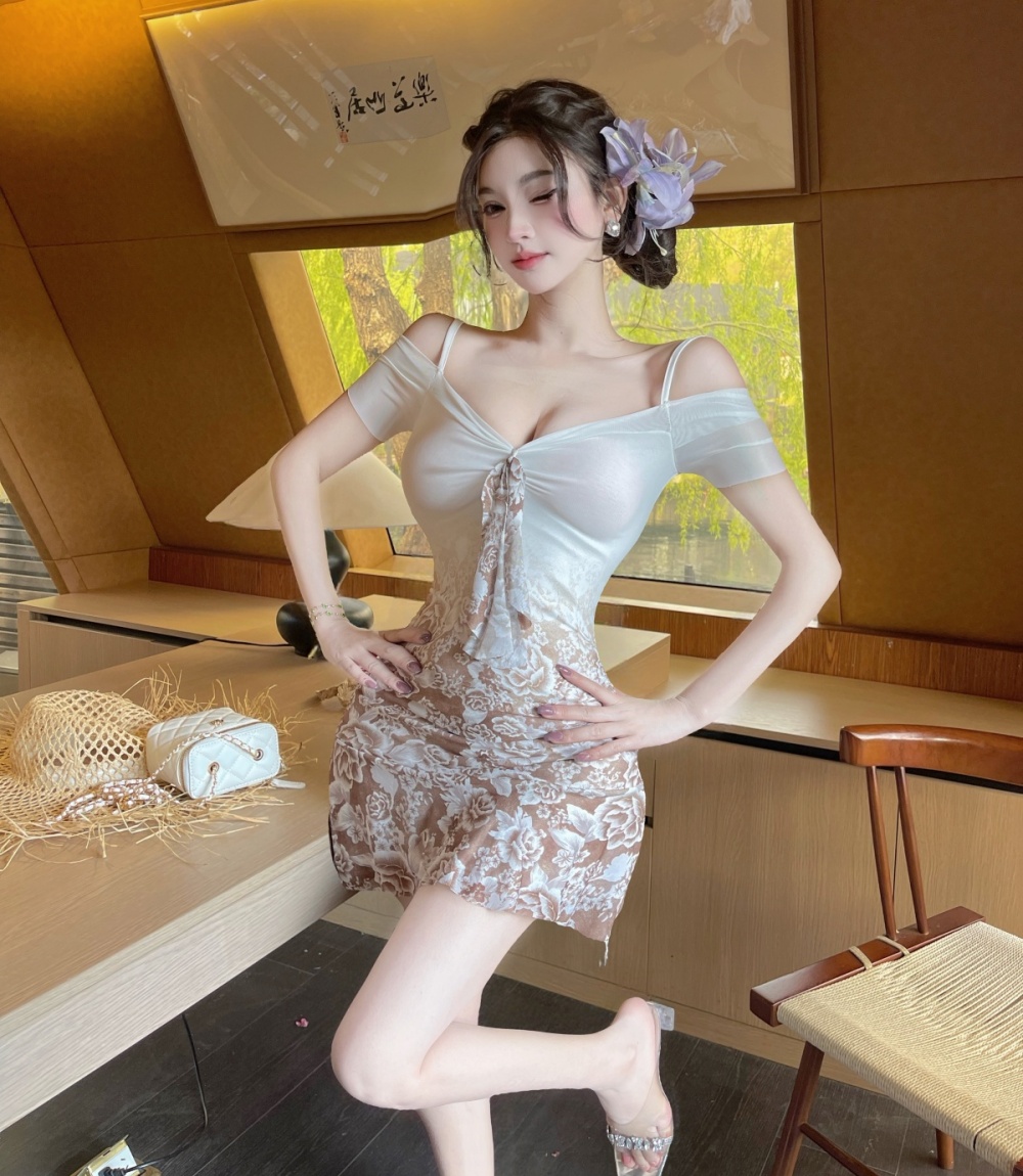Slim lace package hip pinched waist temperament sling dress