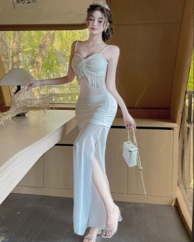 Sexy tassels translucent bottoming long splice gauze dress
