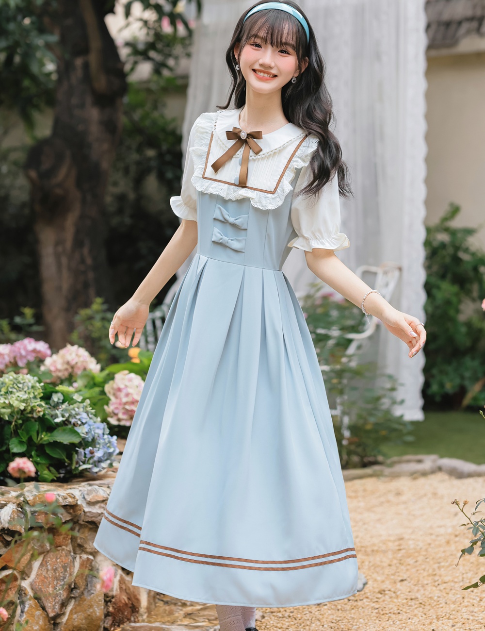 Pseudo-two art sweet court style slim show young dress