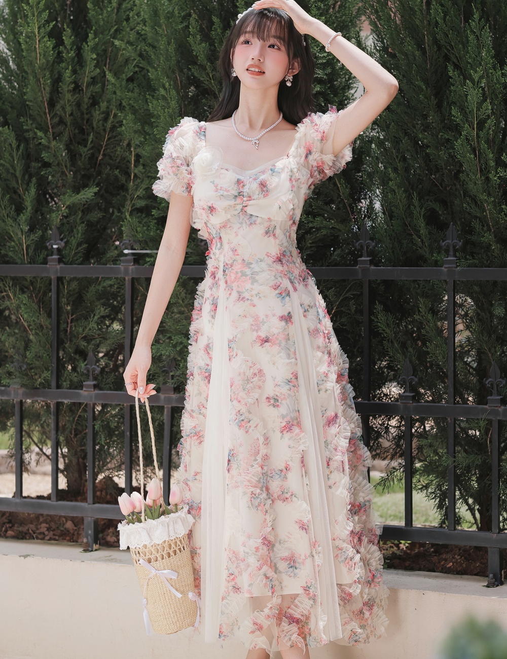 Summer splice gauze flowers romantic France style dress