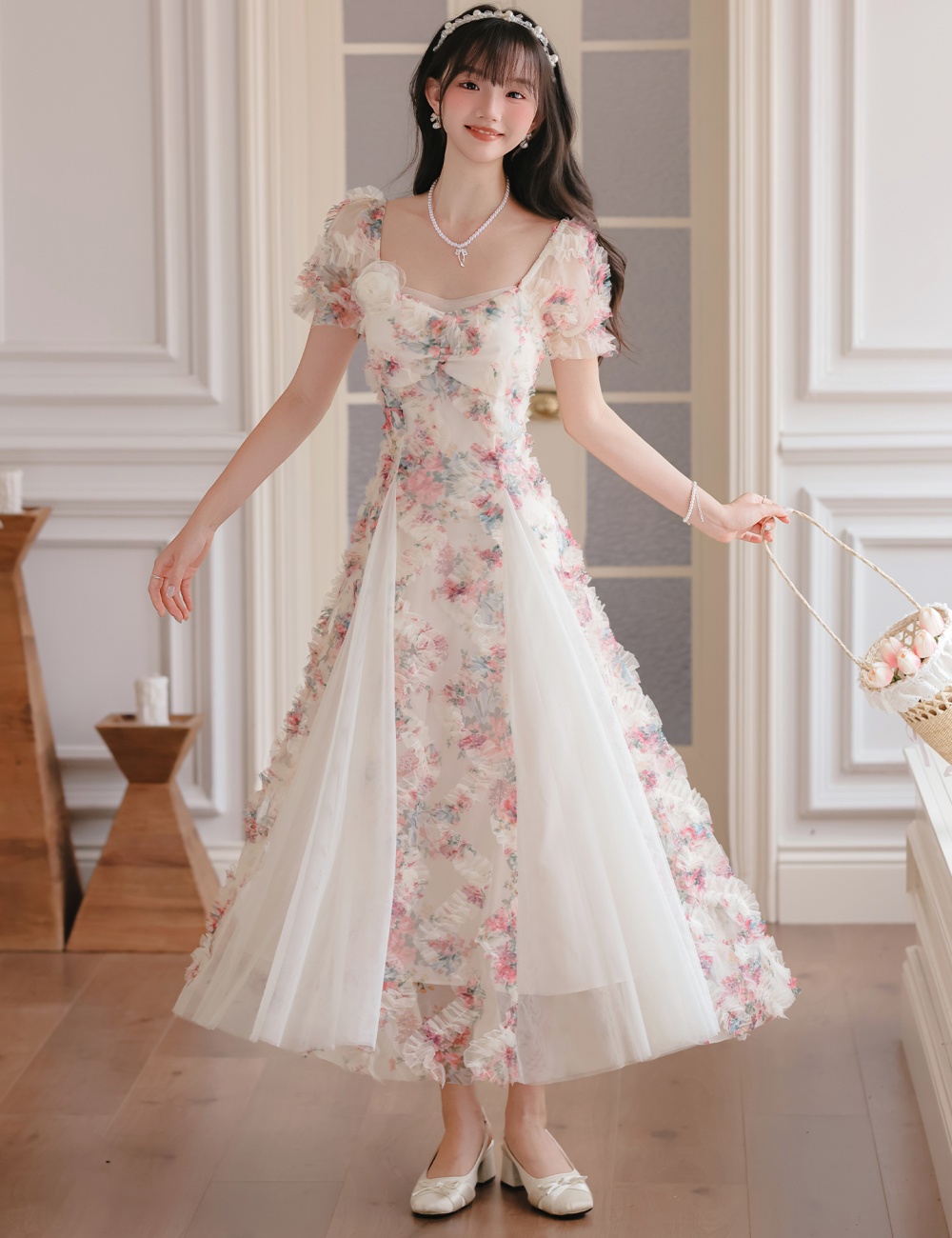 Summer splice gauze flowers romantic France style dress
