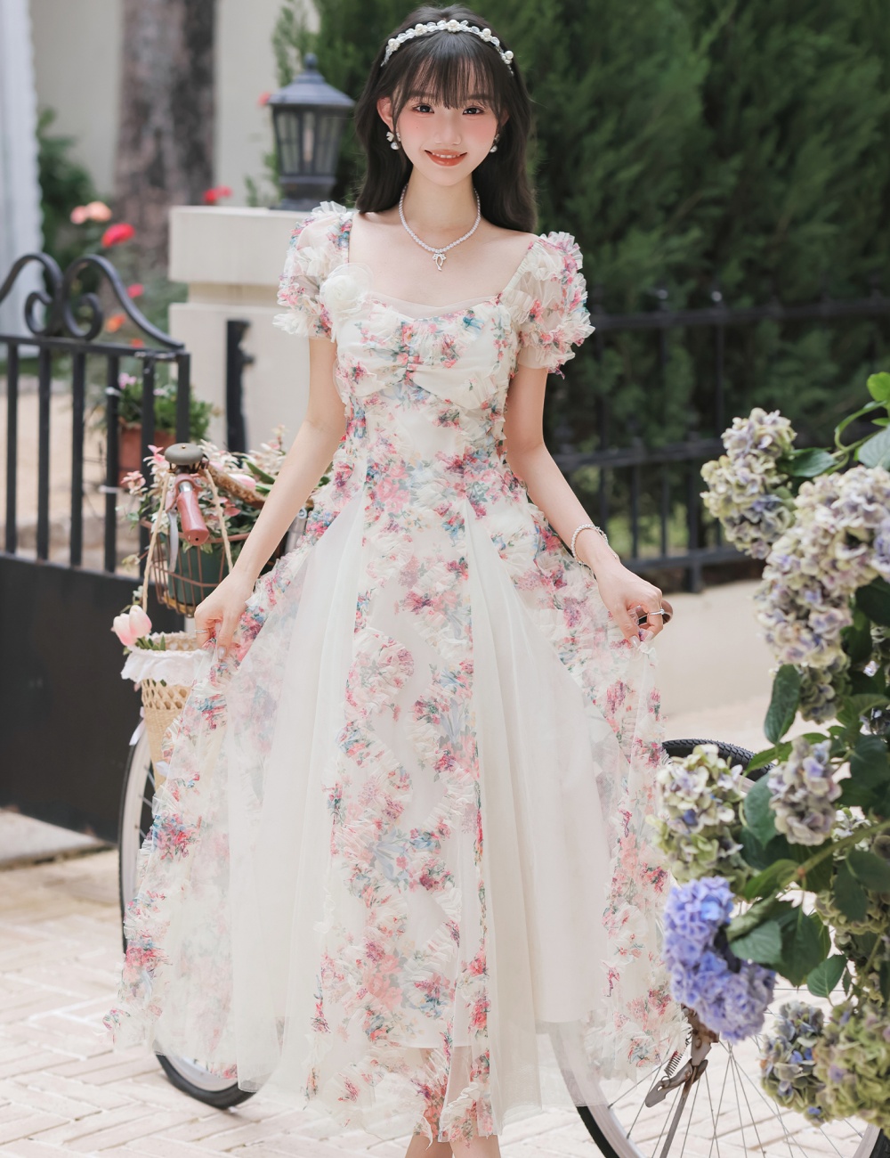 Summer splice gauze flowers romantic France style dress