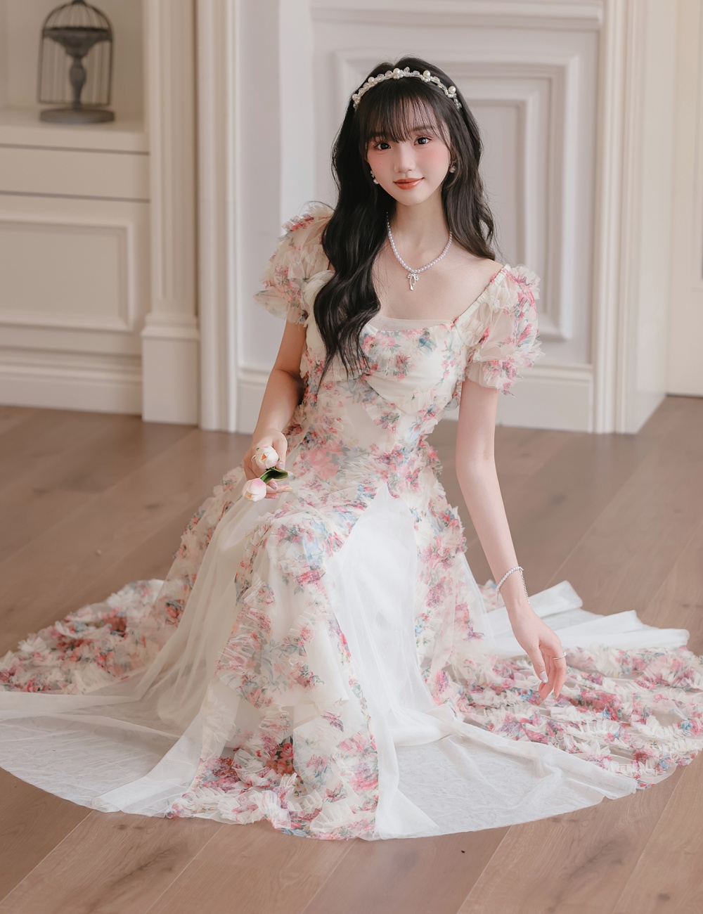 Summer splice gauze flowers romantic France style dress