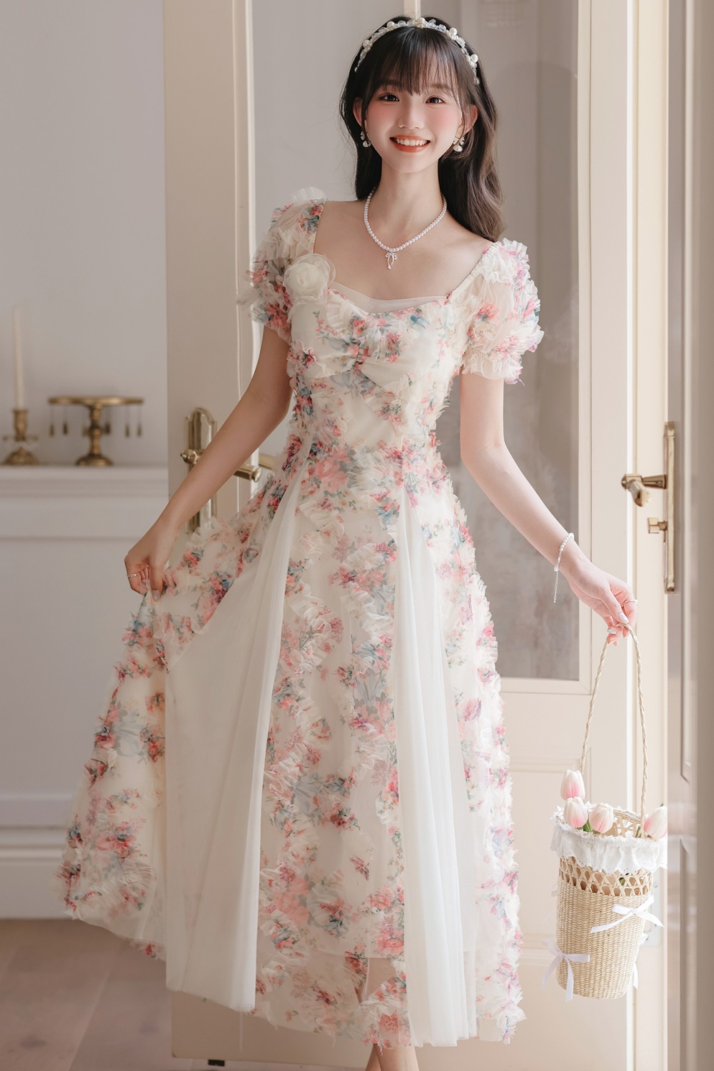 Summer splice gauze flowers romantic France style dress