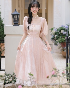 Summer gauze lace pinched waist France style dress