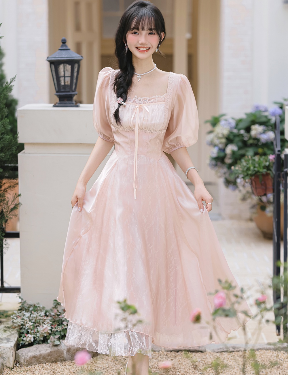 Summer gauze lace pinched waist France style dress