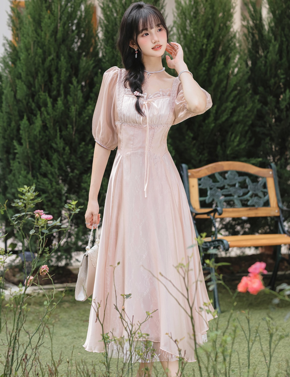 Summer gauze lace pinched waist France style dress