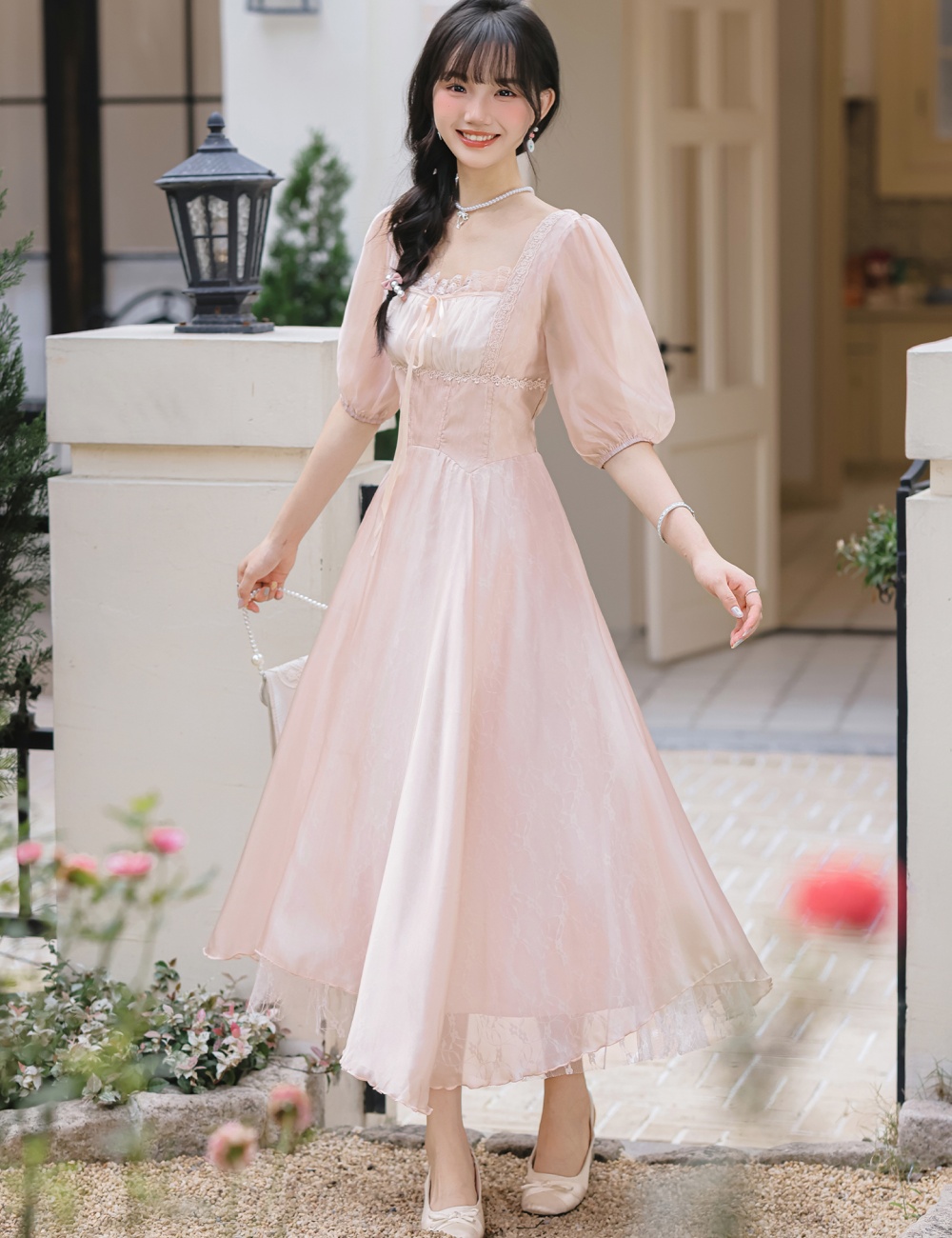 Summer gauze lace pinched waist France style dress