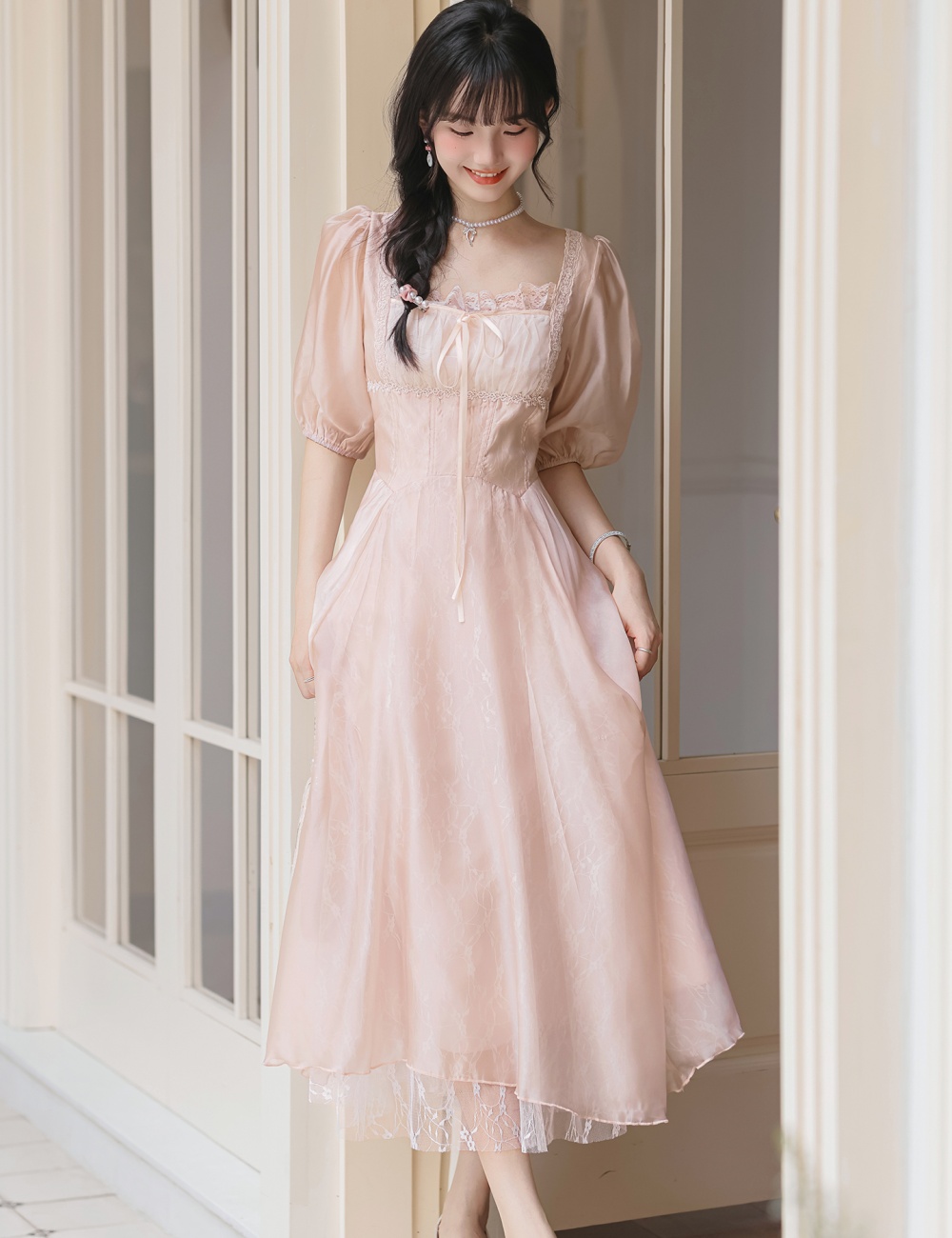 Summer gauze lace pinched waist France style dress