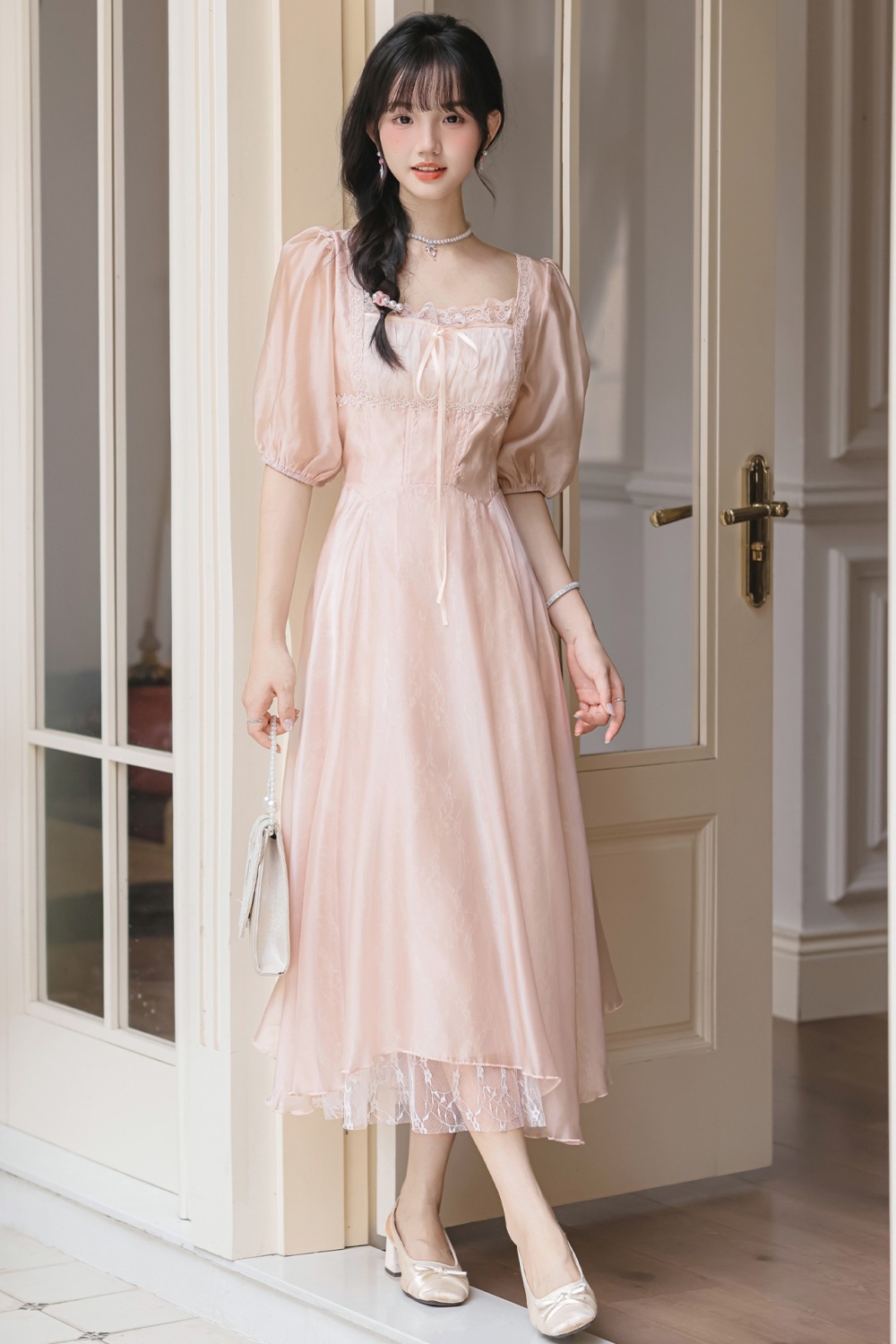 Summer gauze lace pinched waist France style dress