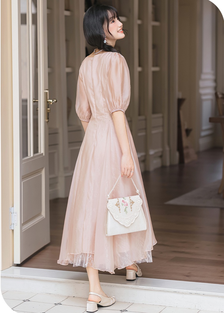 Summer gauze lace pinched waist France style dress