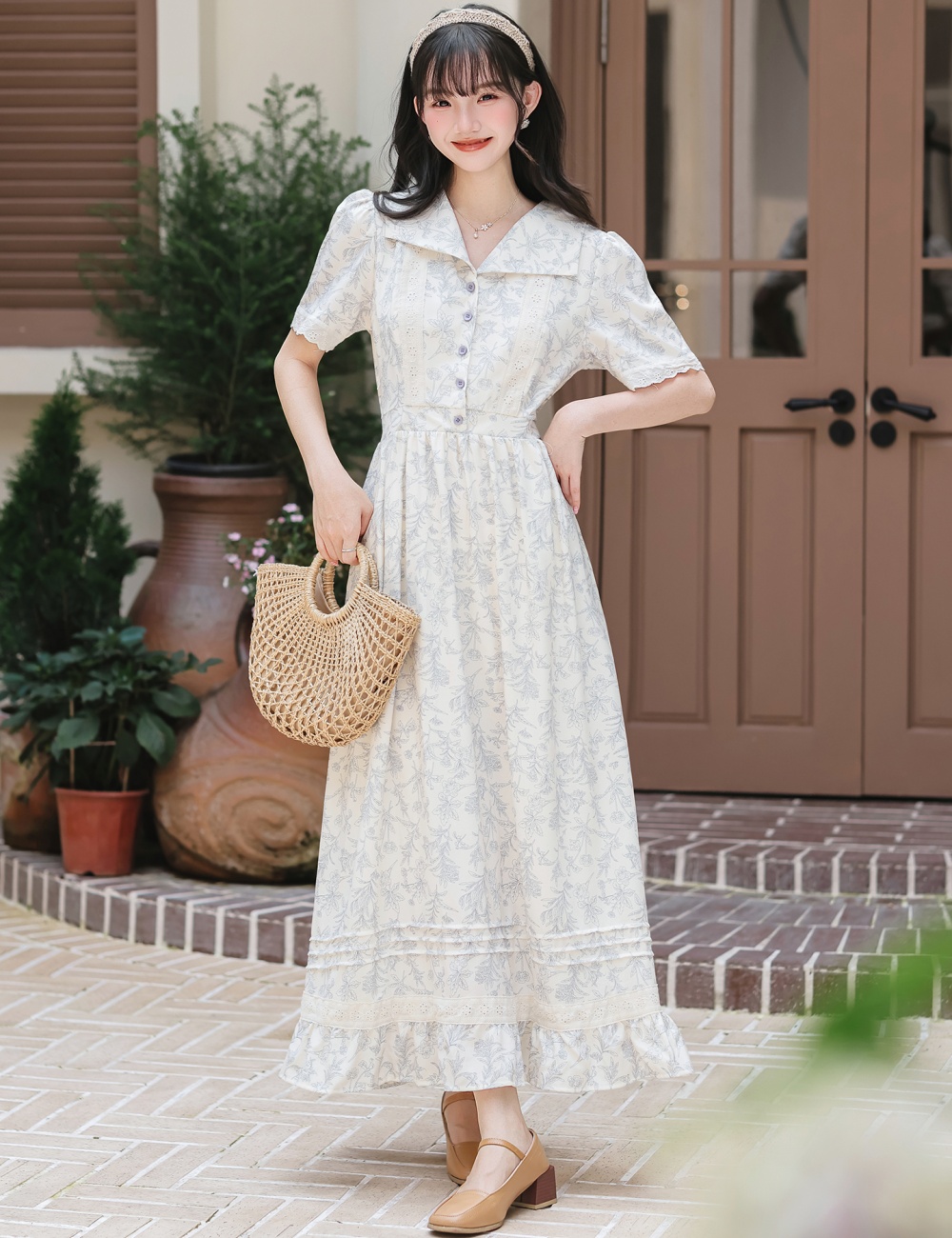 Floral slim long dress retro long dress for women