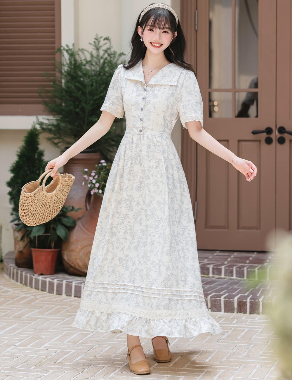 Floral slim long dress retro long dress for women