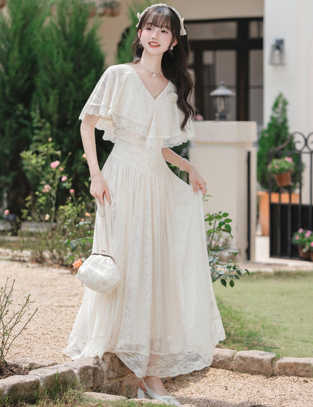 Boats sleeve lace A-line dress for women